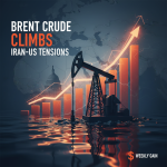An oil pump with a rising arrow chart, Capitol Building silhouette, and world map, symbolizing oil market gains amid tensions.