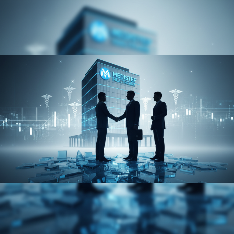 Three silhouetted business figures shaking hands in front of a modern building with "MEDISTEP HEALTHCARE" logo.