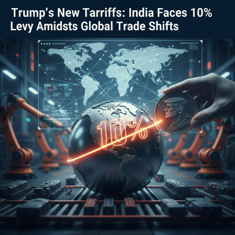 A hand places a Trump coin on a globe with "10%" glowing, symbolizing new tariffs and global trade impacts.