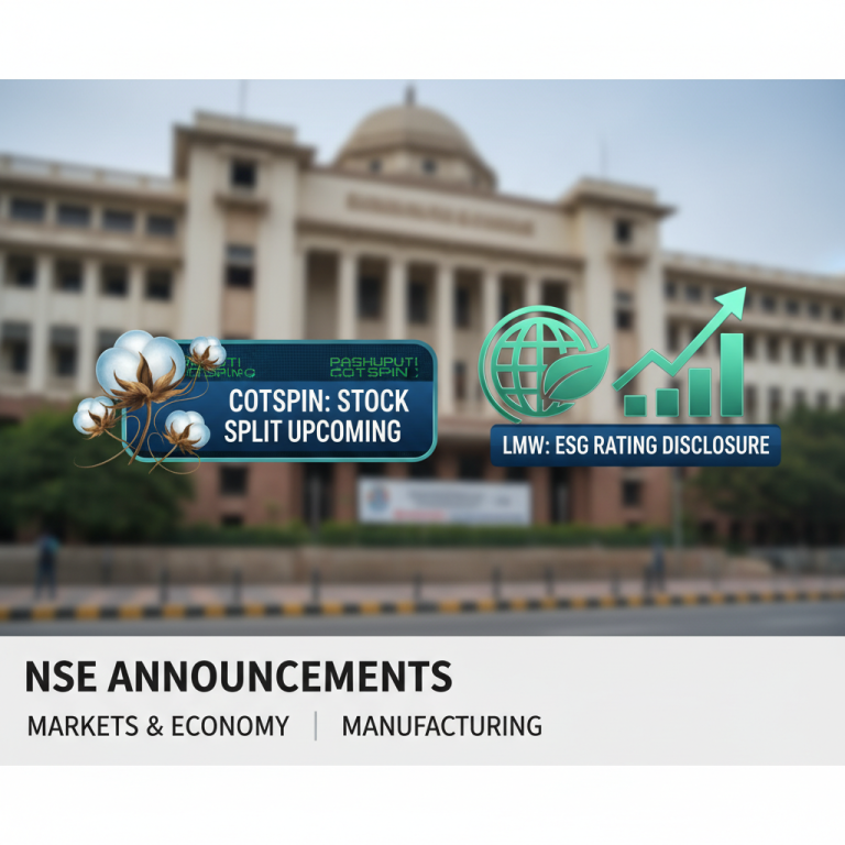 A professional image representing stock market announcements with visual elements for stock split and ESG rating against an NSE-like building.
