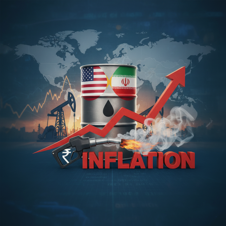 An oil barrel with US and Iran flags, a fuel nozzle igniting "INFLATION", and an upward red arrow with an Indian Rupee symbol.