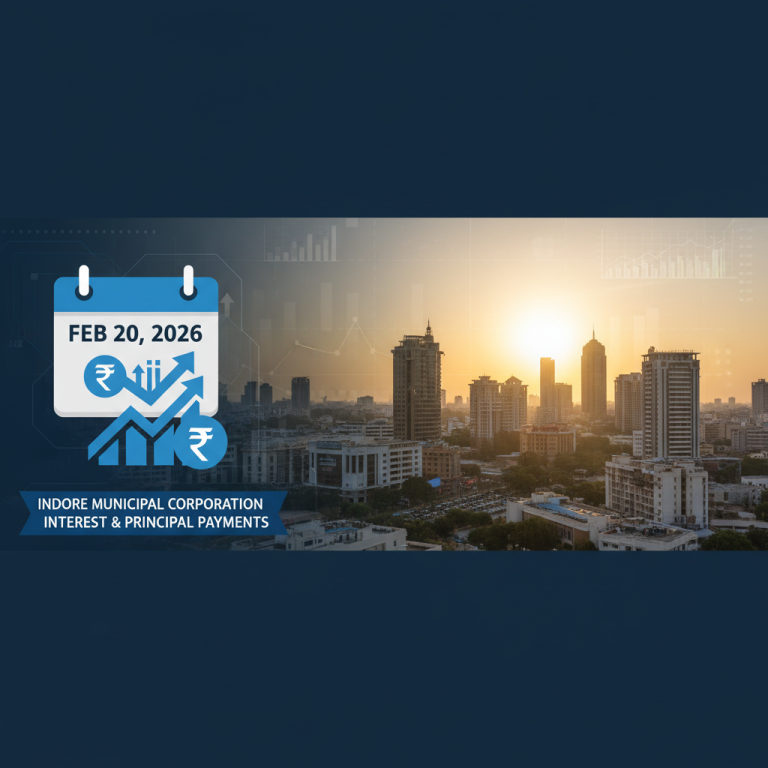 A calendar icon showing February 20, 2026, with rupee symbols and upward arrows, set against a city skyline.