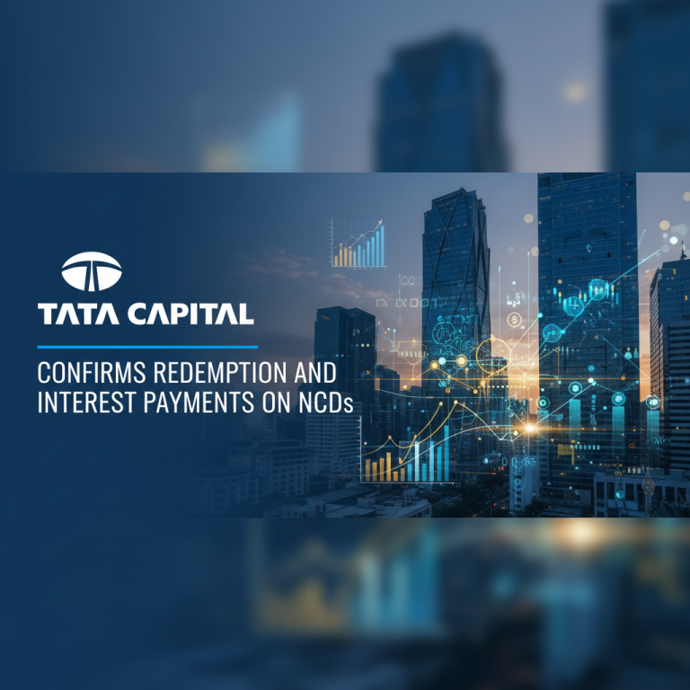 Professional image representing financial stability with Tata Capital logo, city skyline, and financial data visuals.
