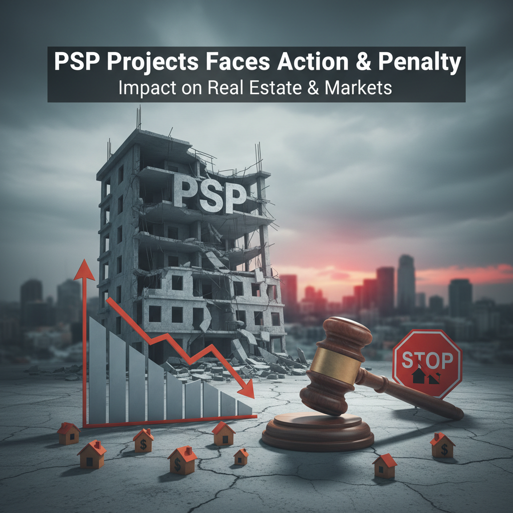 A demolished building with "PSP" on it, a gavel, stop sign, and a downward trend graph.