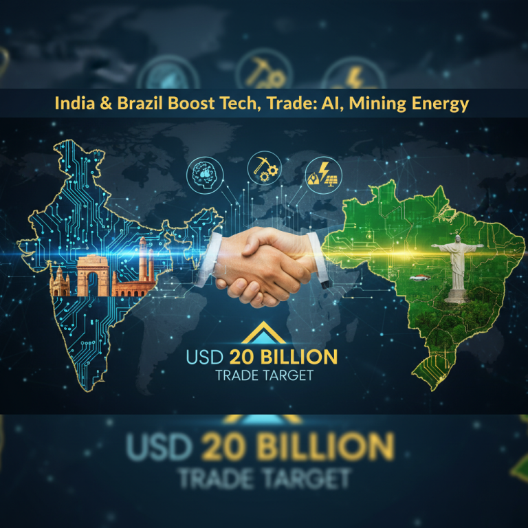 A handshake between India and Brazil maps, symbolizing deepened tech ties and a $20 billion trade target.