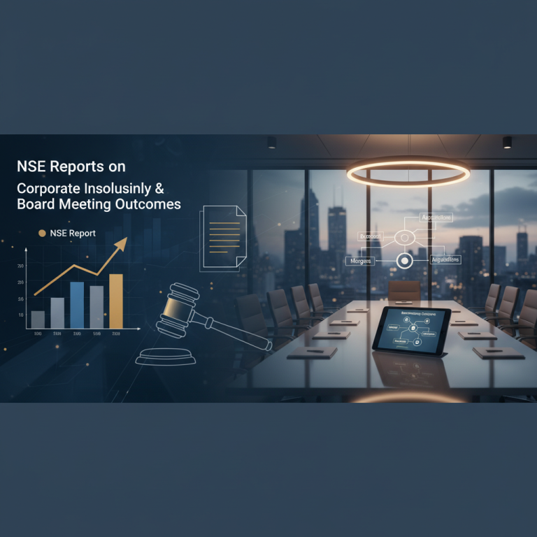A modern boardroom with a city skyline view, overlaid with financial charts, a gavel, and a document icon.