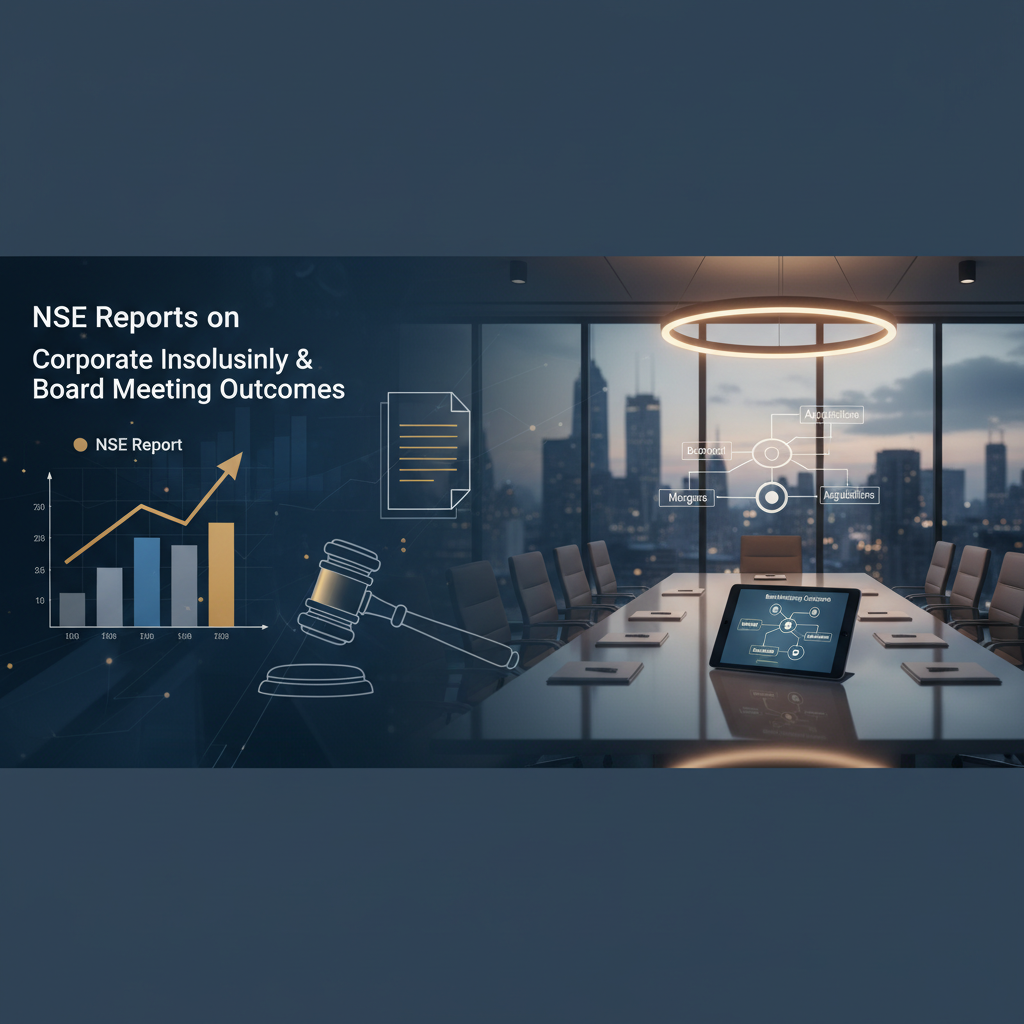 A modern boardroom with a city skyline view, overlaid with financial charts, a gavel, and a document icon.