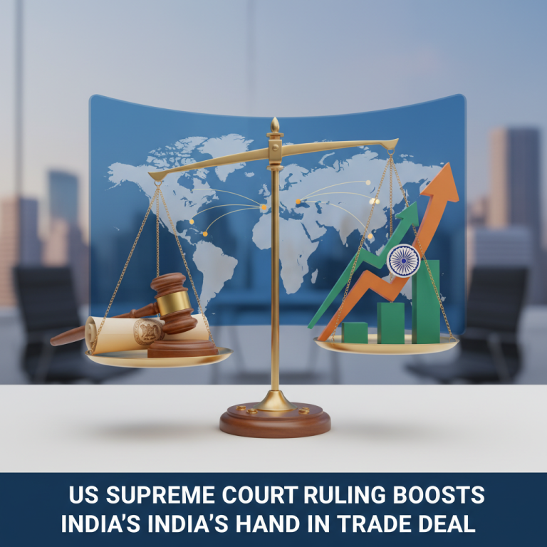 A professional image showing a scale balancing a gavel and scroll against an upward-trending chart with India's flag.