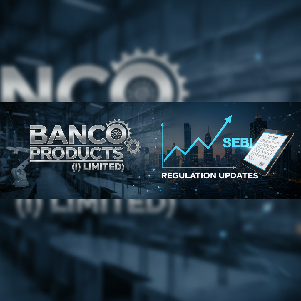 A digital banner with the Banco Products logo, gears, an upward trending graph, "SEBI Regulation Updates", and a tablet.