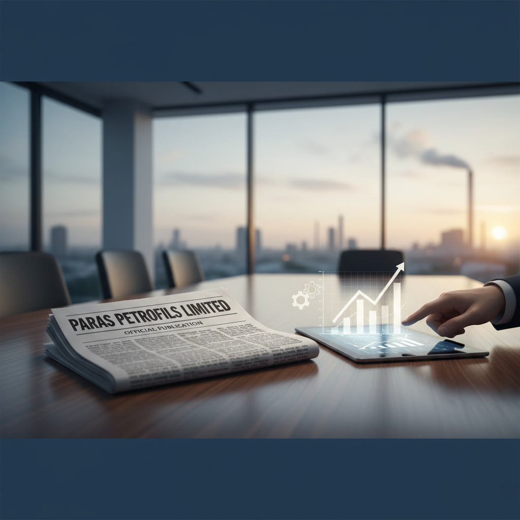 A newspaper with "Paras Petrofils Limited Official Publication" next to a hand interacting with a tablet displaying a financial graph.