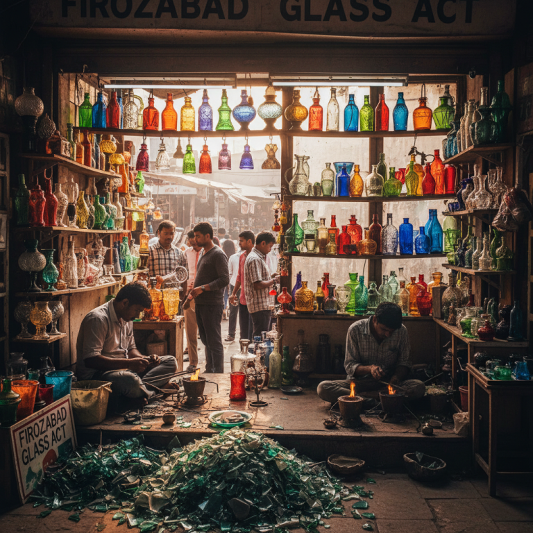 Artisans working in a bustling Firozabad glass market, surrounded by colorful glass bottles and broken glass shards.
