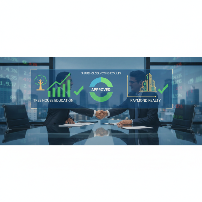 Two businessmen shake hands in a modern office with city views, overlaid with investment and real estate graphics.