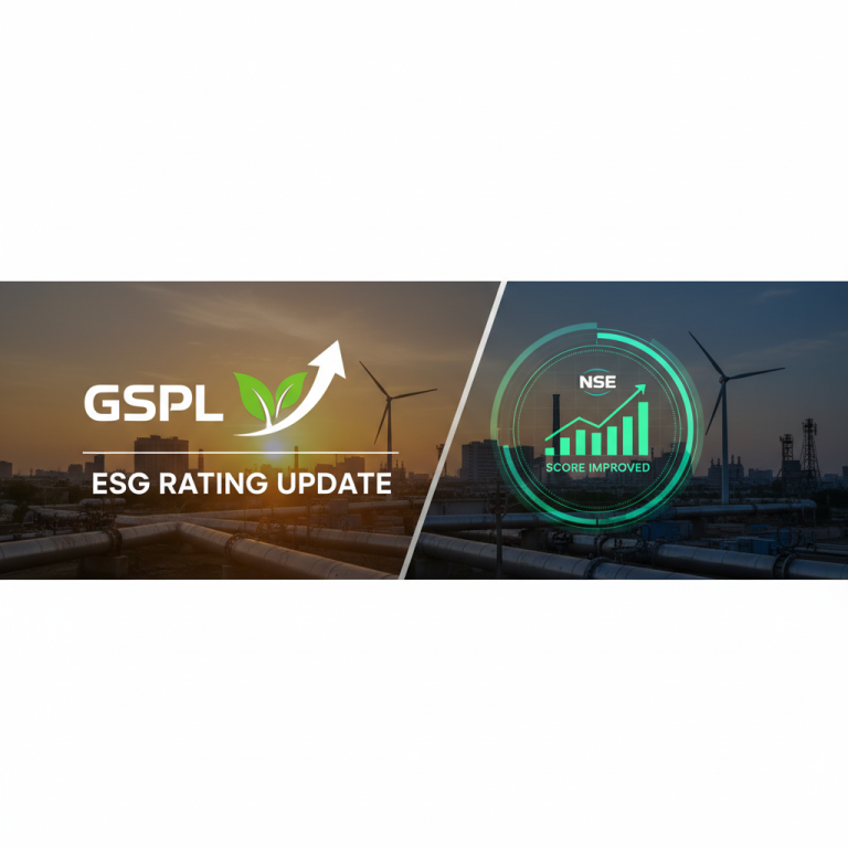 A banner image showing a gas pipeline and wind turbines, with text "GSPL ESG RATING UPDATE" and an NSE logo with a rising graph.