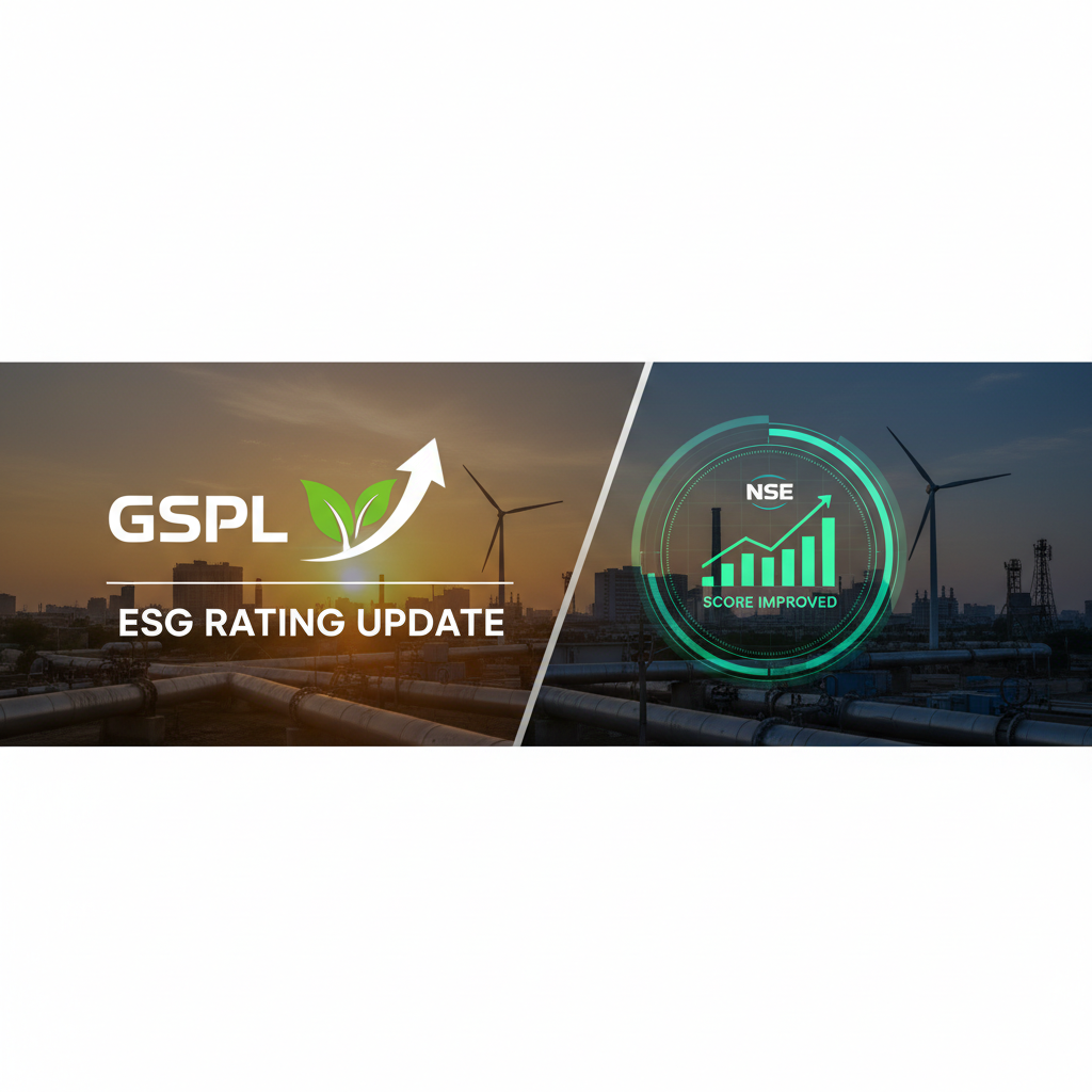 A banner image showing a gas pipeline and wind turbines, with text "GSPL ESG RATING UPDATE" and an NSE logo with a rising graph.
