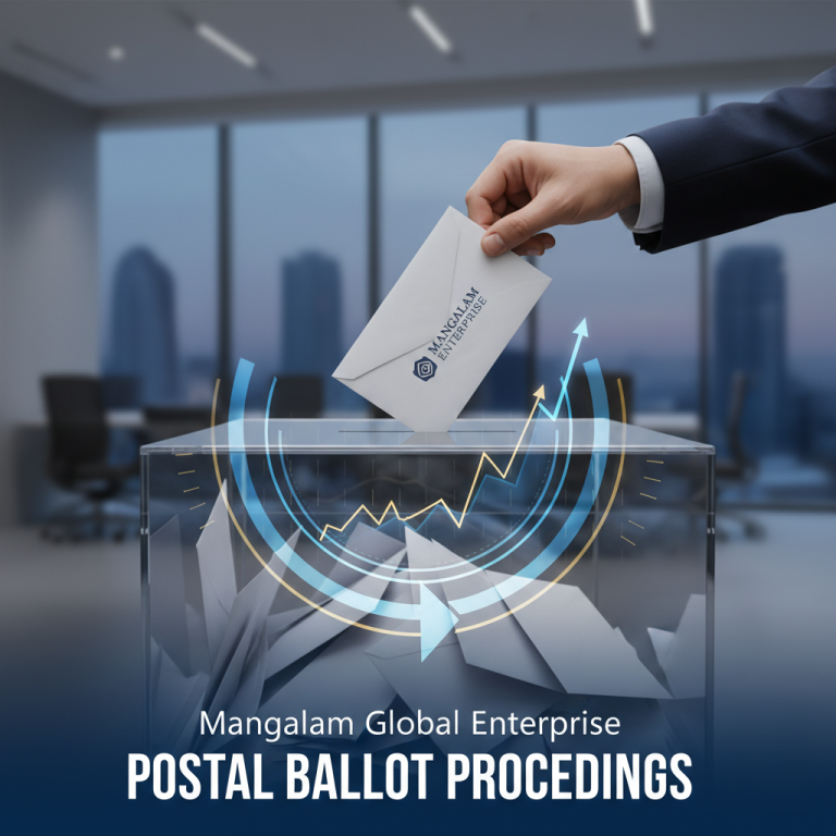 Hand placing an envelope labeled "Mangalam Global Enterprise" into a ballot box with a rising arrow graph overlay.