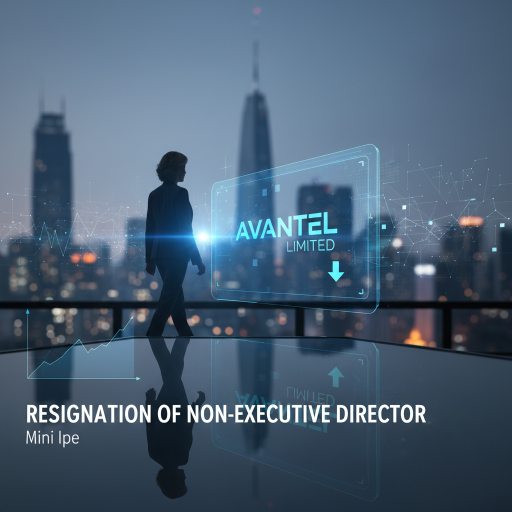 ** A professional image with a silhouette of a person walking away from a glowing Avantel Limited logo, reflecting on a polished surface, with a city skyline in the background, text "RESIGNATION OF NON-EXECUTIVE DIRECTOR Mini Ipe".