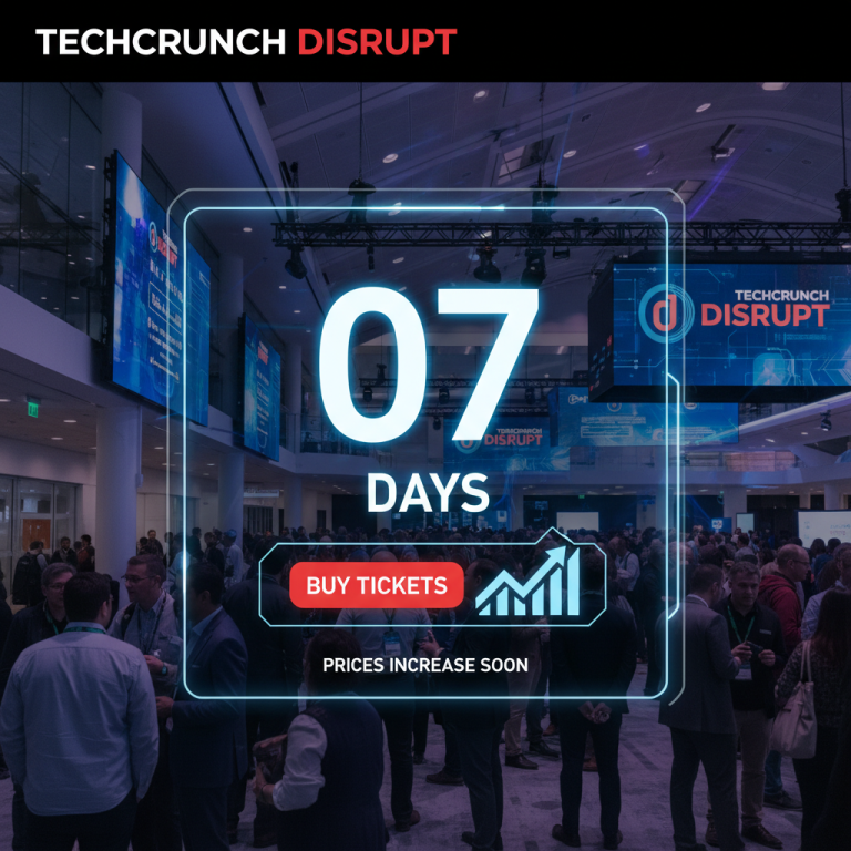 A professional event photo of TechCrunch Disrupt with a countdown overlay showing "7 Days" and a "Buy Tickets" button.