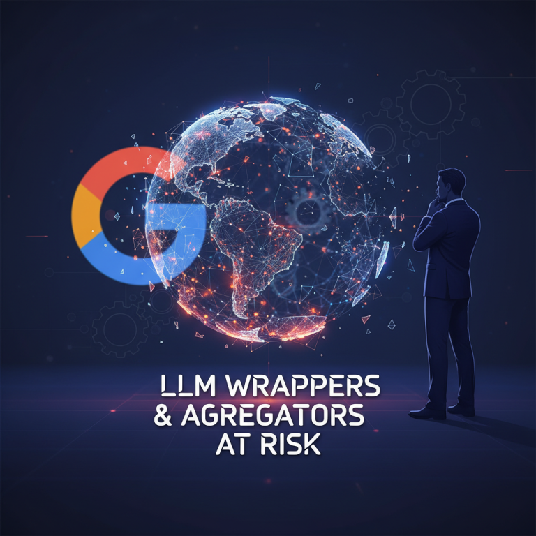 A man in a suit looks at a holographic globe and Google logo, with "LLM WRAPPERS & AGGREGATORS AT RISK" text.