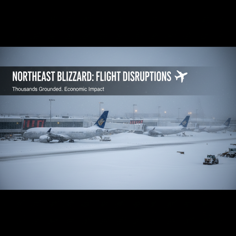 Airplanes grounded at a snow-covered airport during a blizzard, depicting flight disruptions.