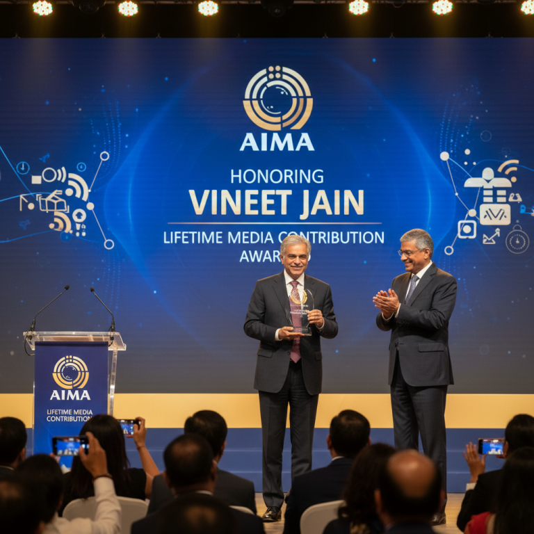 Vineet Jain on stage, accepting the AIMA Lifetime Media Contribution Award.