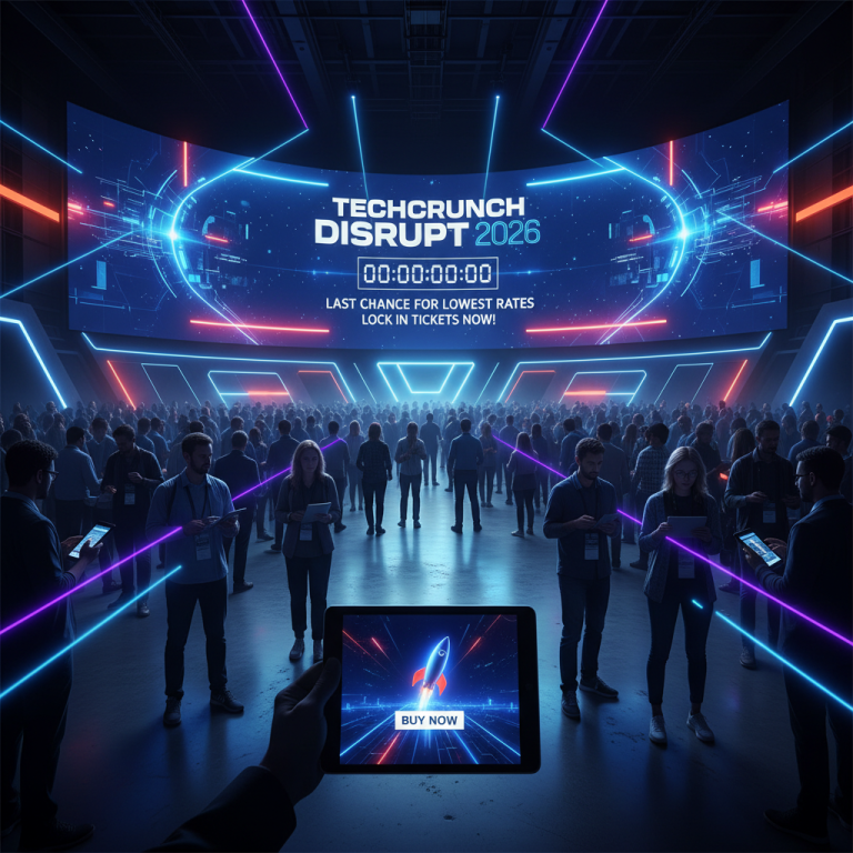 A vibrant digital event with a countdown timer for TechCrunch Disrupt 2026, surrounded by a tech-savvy crowd.
