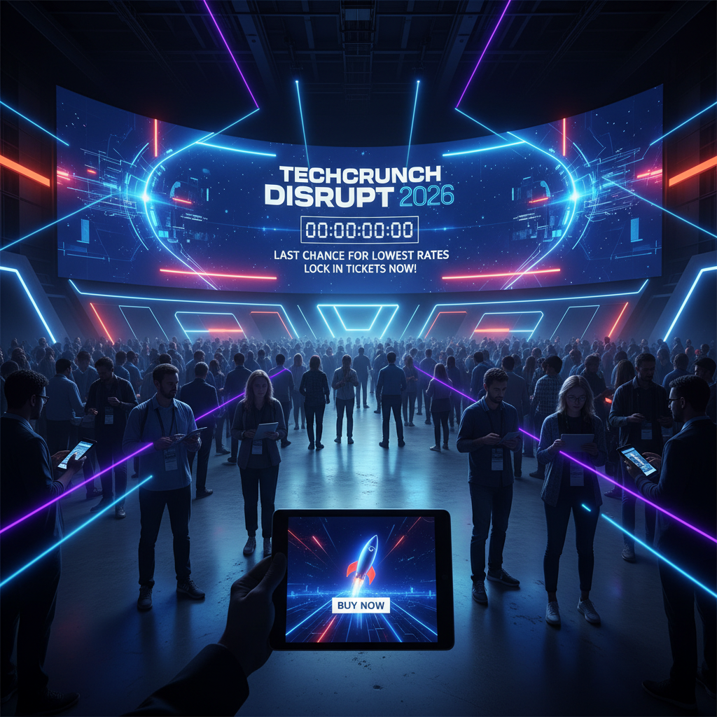 A vibrant digital event with a countdown timer for TechCrunch Disrupt 2026, surrounded by a tech-savvy crowd.