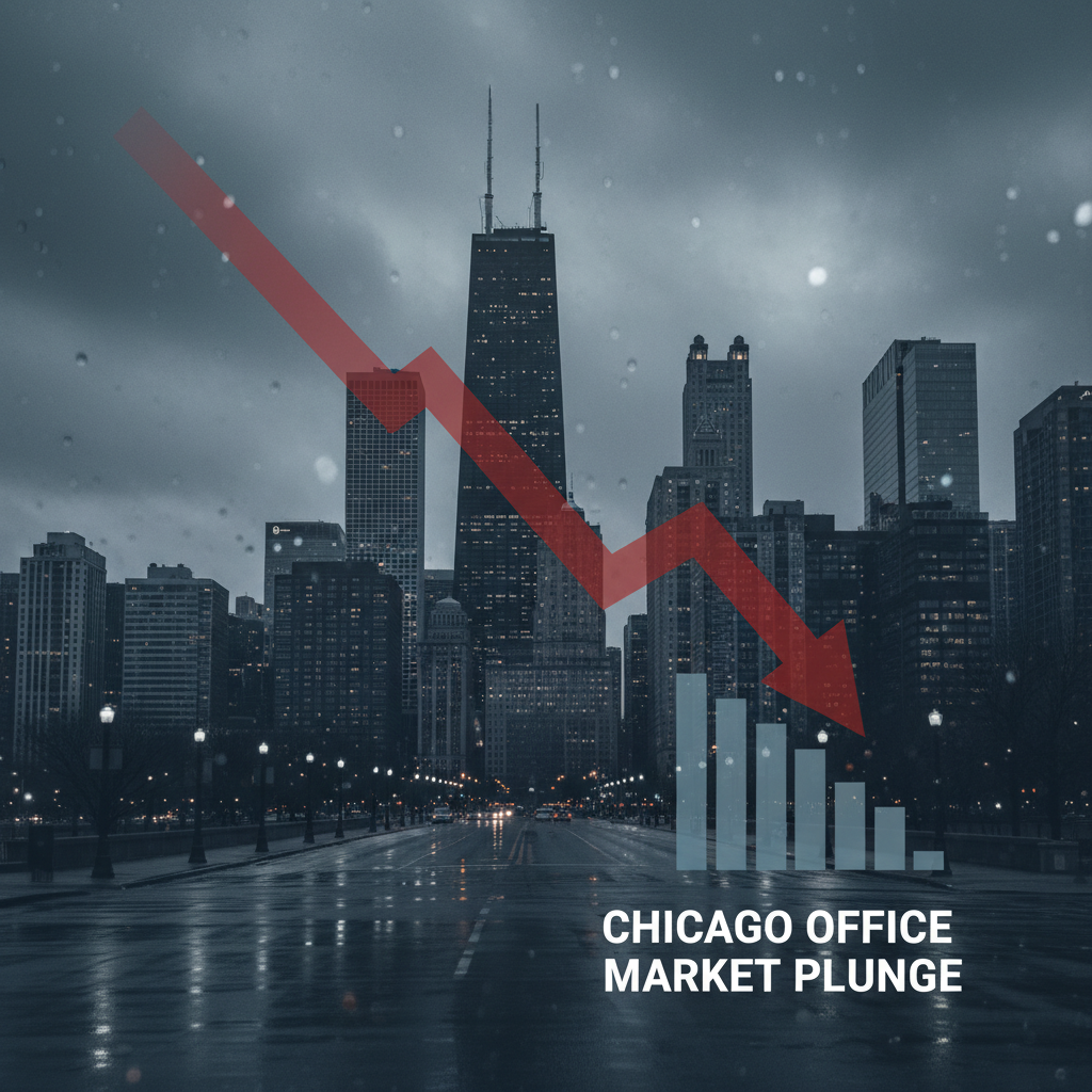 A professional, impactful image showing a downward trend arrow and bar graph over the Chicago skyline at dusk.