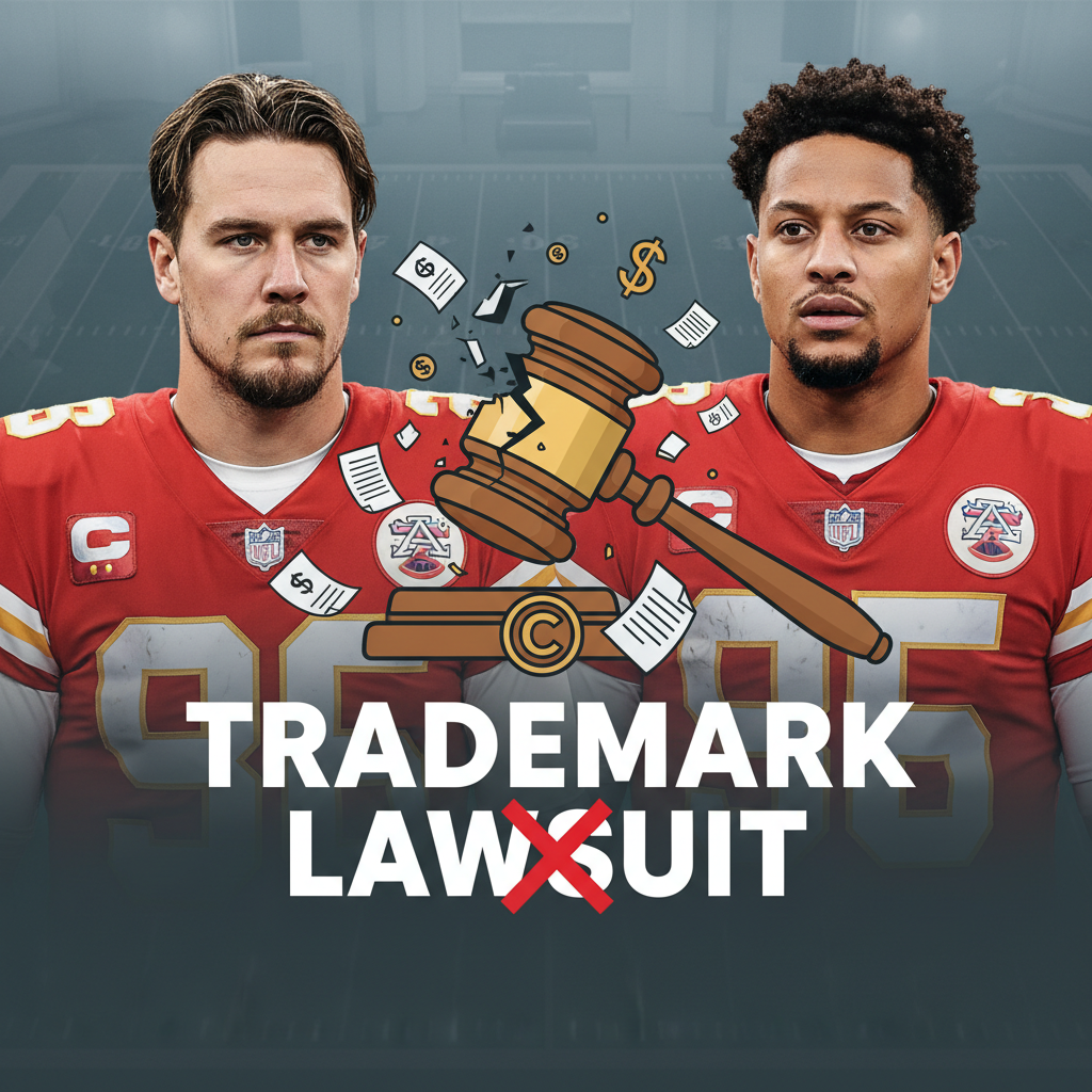 Travis Kelce and Patrick Mahomes next to a gavel and legal documents, with "Trademark Lawsuit" text.