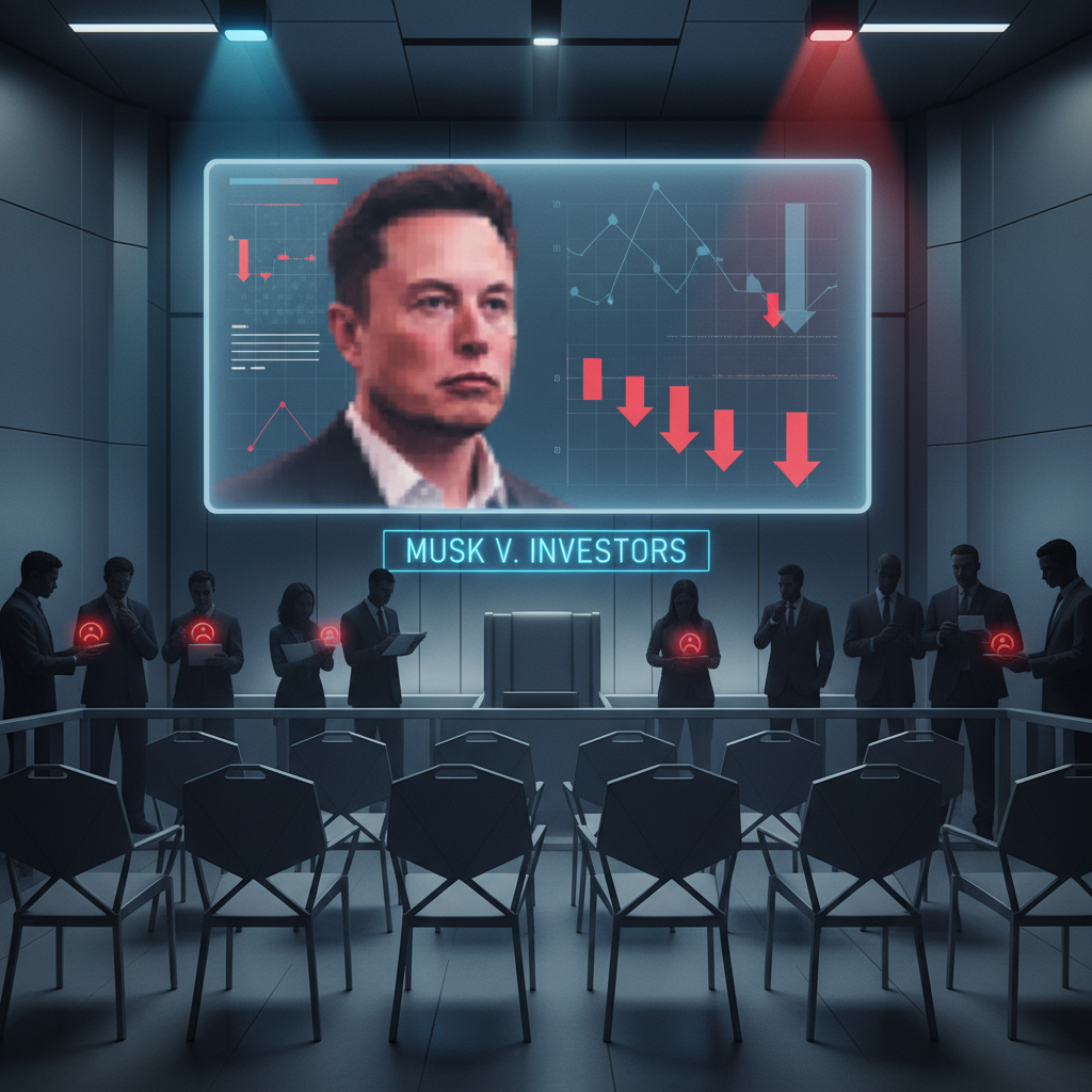 A courtroom scene with Elon Musk on a screen, financial charts, and people with negative sentiment icons.