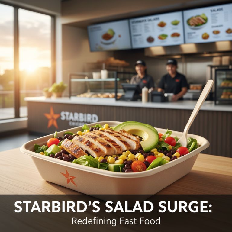 A fresh Starbird salad with grilled chicken, avocado, and corn, against a blurred Starbird restaurant interior.