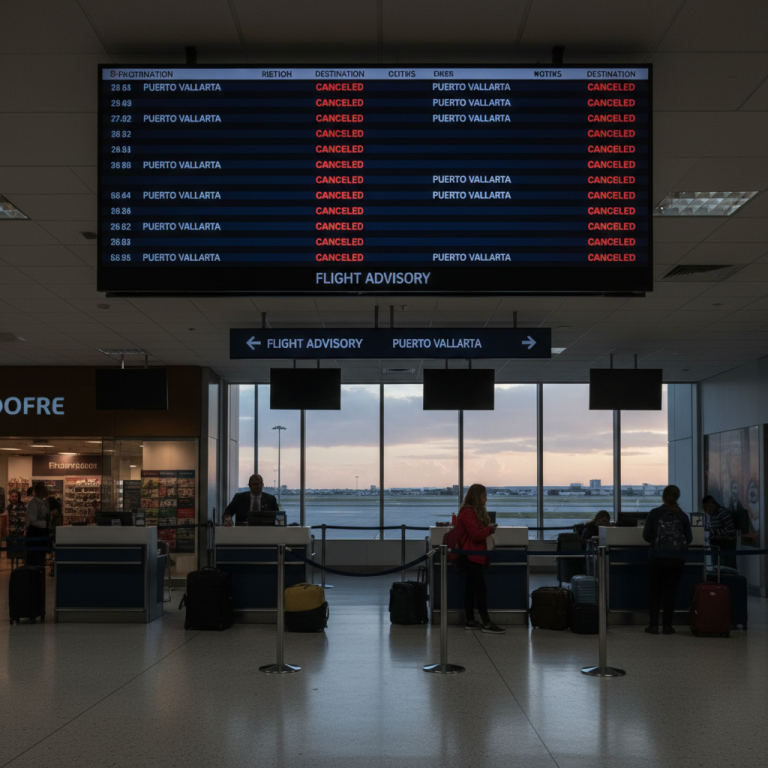 An airport departures board showing multiple "CANCELED" flights to Puerto Vallarta.