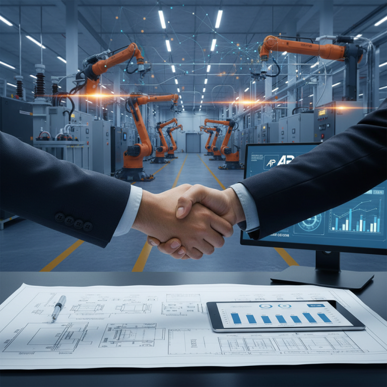 Handshake in a factory, symbolizing business agreements and industrial production.