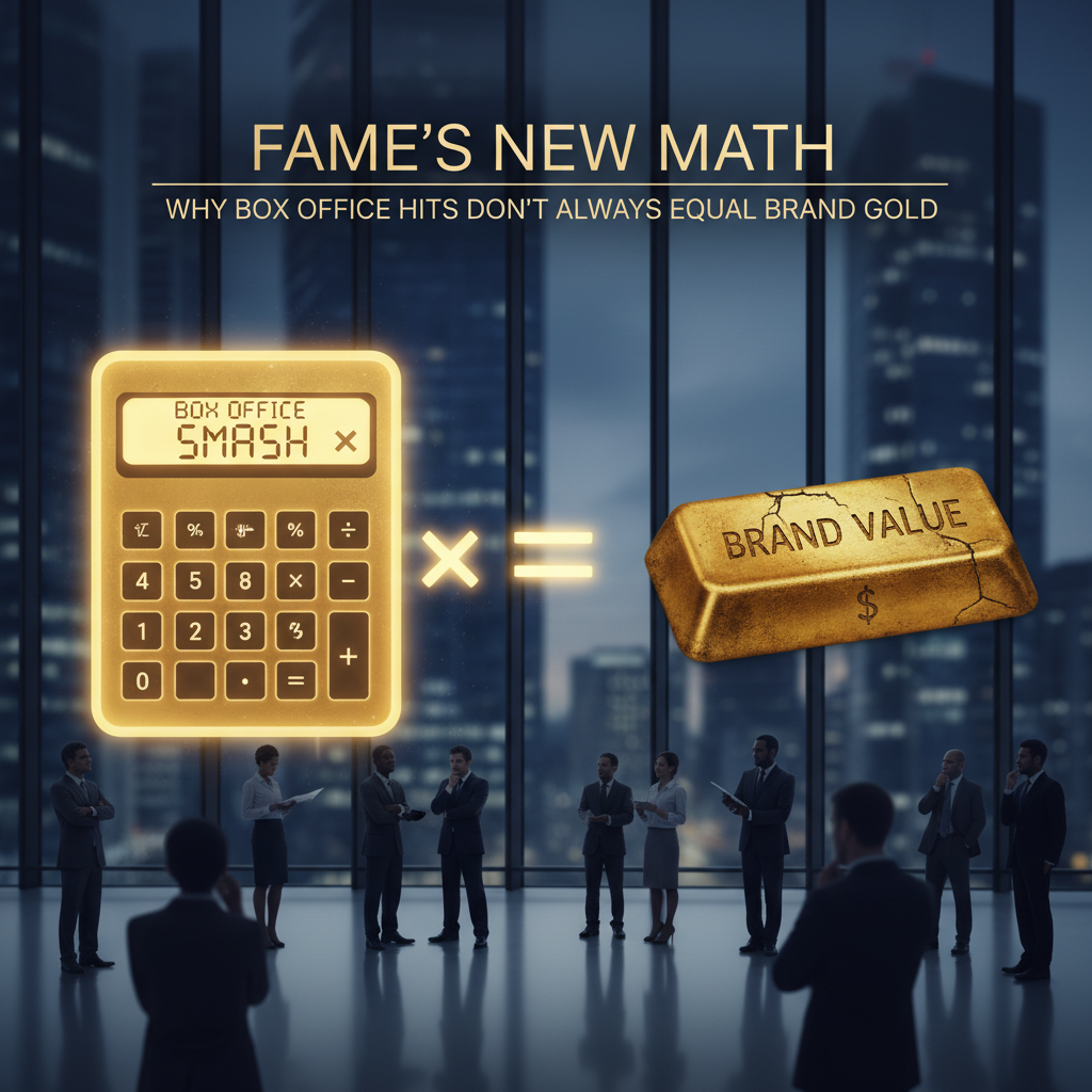 A calculator displaying "Box Office SMASH" multiplied by an equals sign, leading to a cracked gold bar labeled "BRAND VALUE," set against a backdrop of business professionals in a modern office.