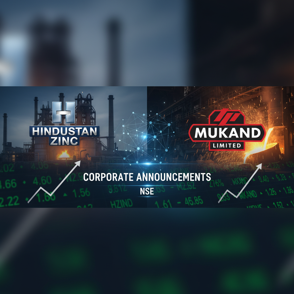 Split image showing Hindustan Zinc and Mukand Limited logos over industrial backdrops with stock market data overlay.