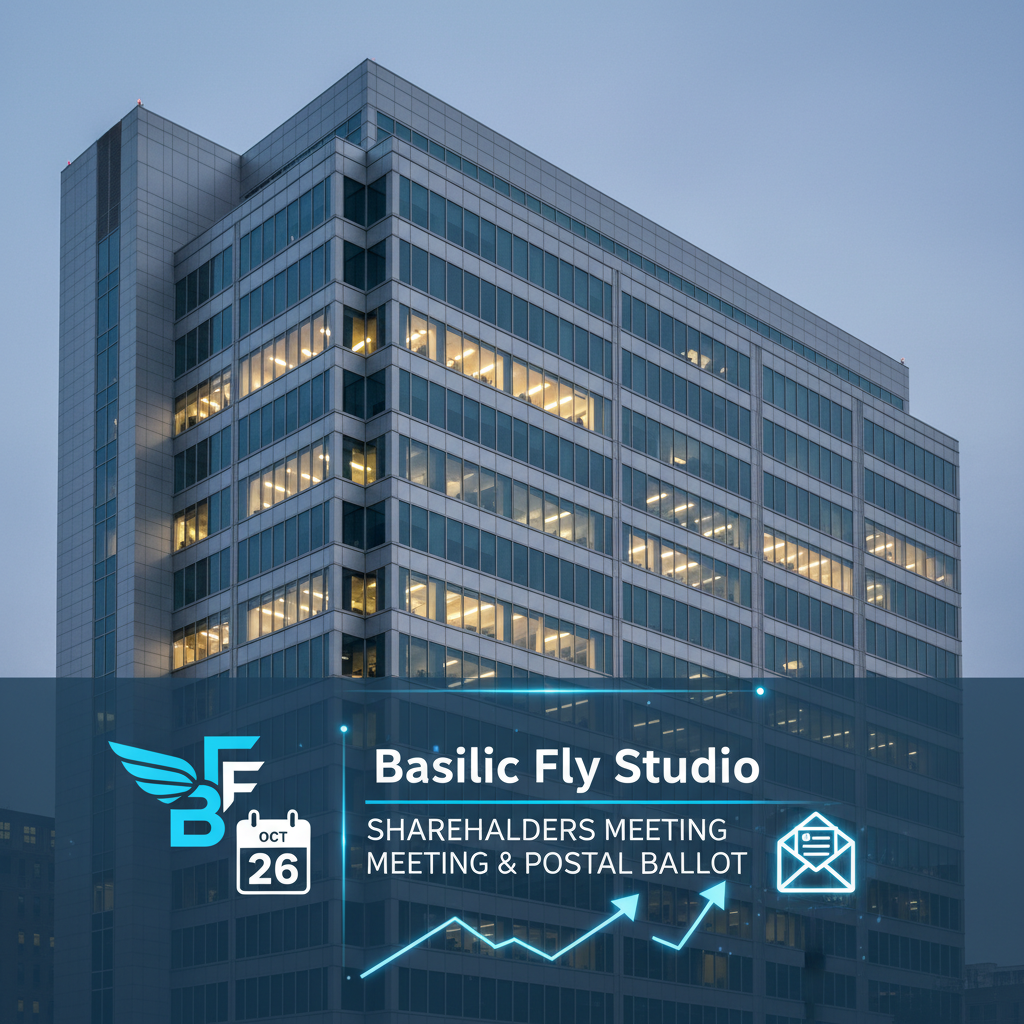 A modern office building with a digital overlay showing the Basilic Fly Studio logo, a calendar icon, and an envelope icon.
