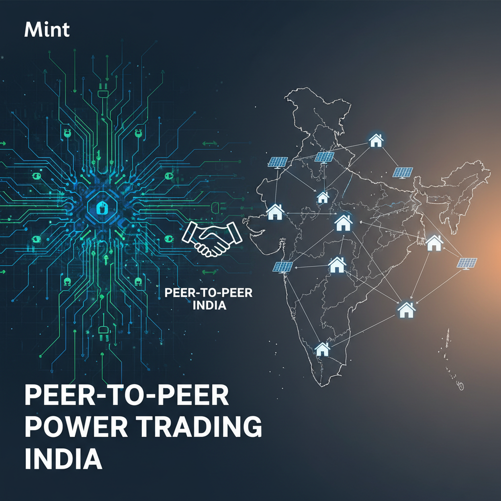Digital circuit connecting to a map of India with homes and solar panels, representing peer-to-peer power trading.