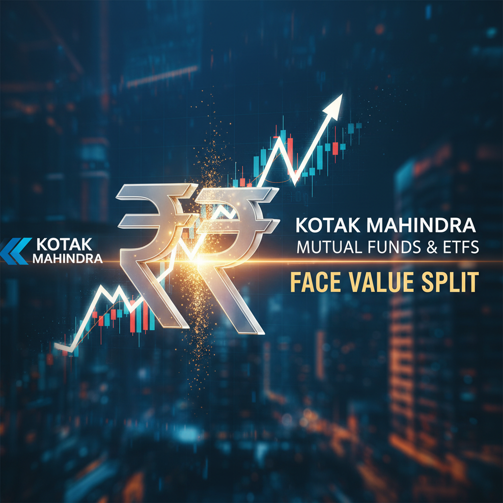 A professional graphic with the Kotak Mahindra logo, Indian Rupee symbols, and a rising stock market graph.