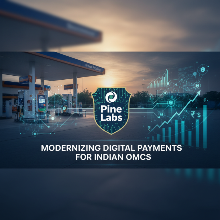 A modern gas station at sunset, overlaid with Pine Labs logo and digital payment graphics, signifying tech and economy.