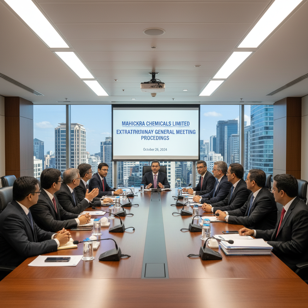 Business meeting with executives around a large table, a screen displaying "Mahickra Chemicals Limited Extraordinary General Meeting Proceedings"