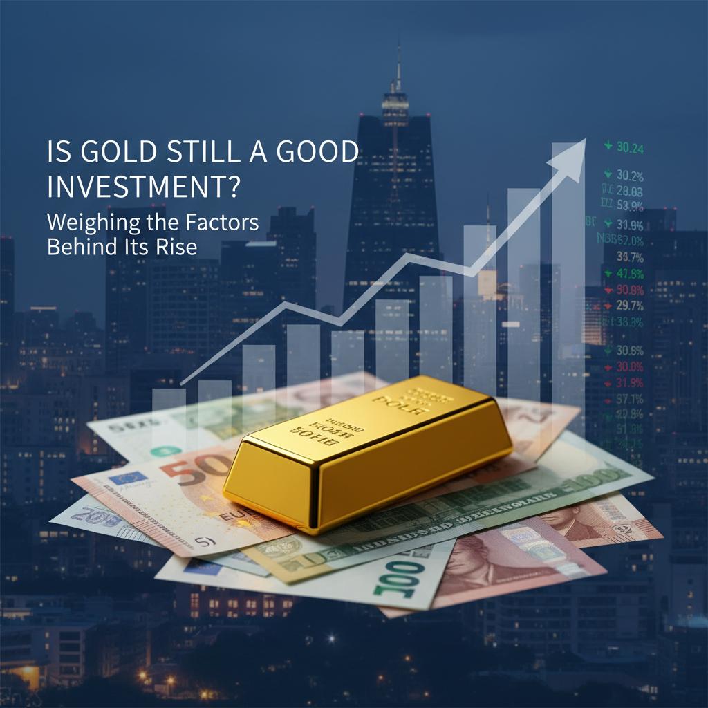 A gold bar rests on a pile of diverse international banknotes, with an upward-trending bar graph superimposed.
