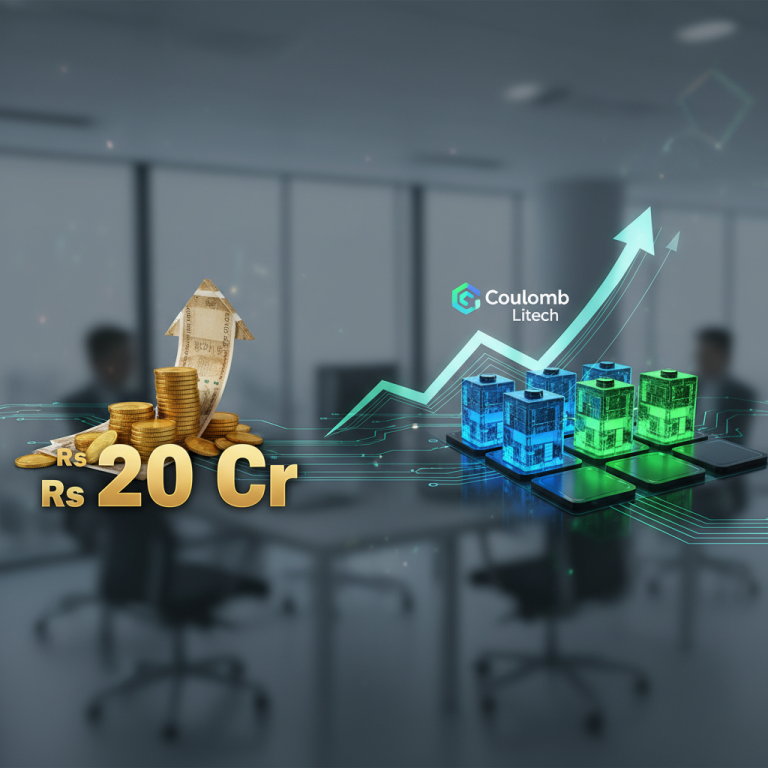 A professional image depicting growth with a subtle office background, showcasing the Coulomb Litech logo.