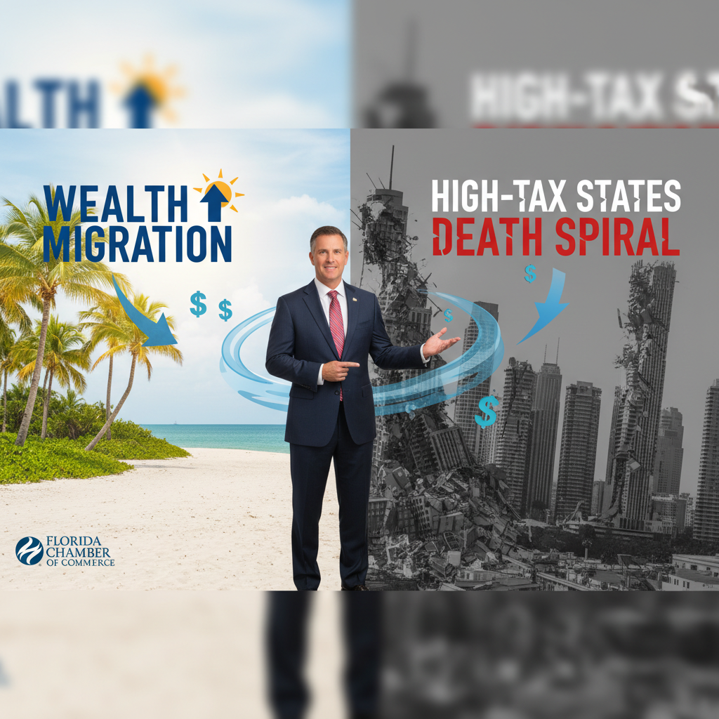 A man in a suit stands between a sunny beach scene labeled "Wealth Migration" and a crumbling city labeled "High-Tax States Death Spiral."