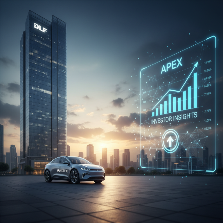 A modern skyscraper labeled "DLF" next to an electric car labeled "Autoline" and a holographic chart for "Apex Investor Insights."