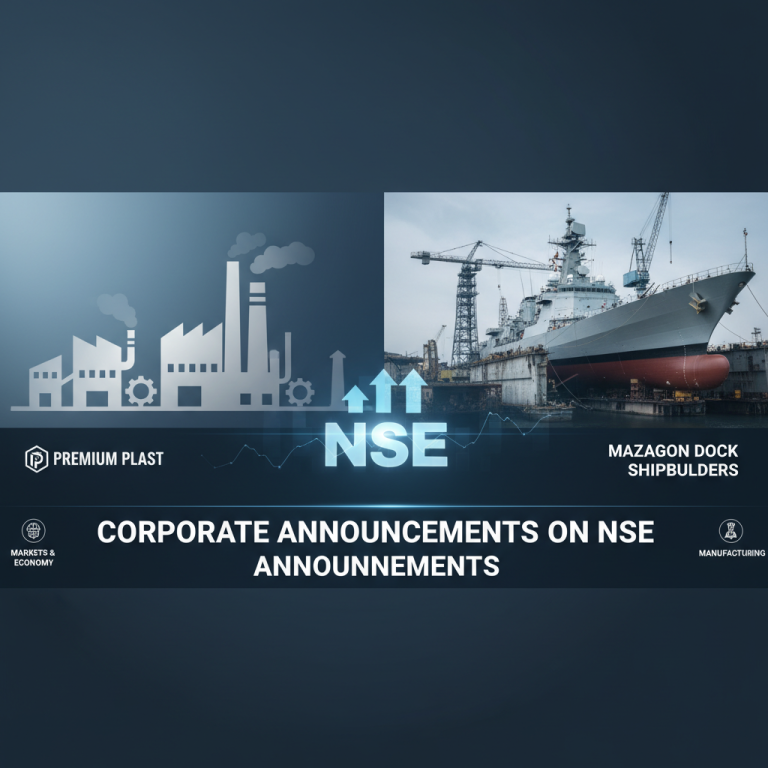 A split image showing a factory silhouette and a warship in dry dock, with "NSE" and upward arrows, representing corporate announcements.
