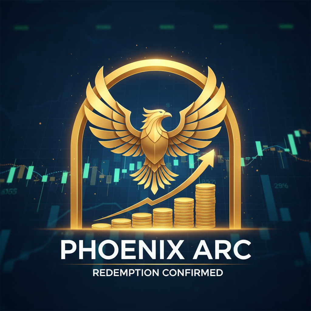 A golden phoenix logo soaring above a stack of coins and an upward-trending arrow against a financial graph background.