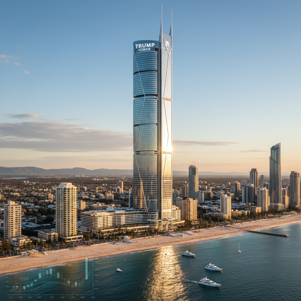 A modern skyscraper, "Trump Tower," dominates the Gold Coast skyline at sunset, with a subtle market chart overlay.