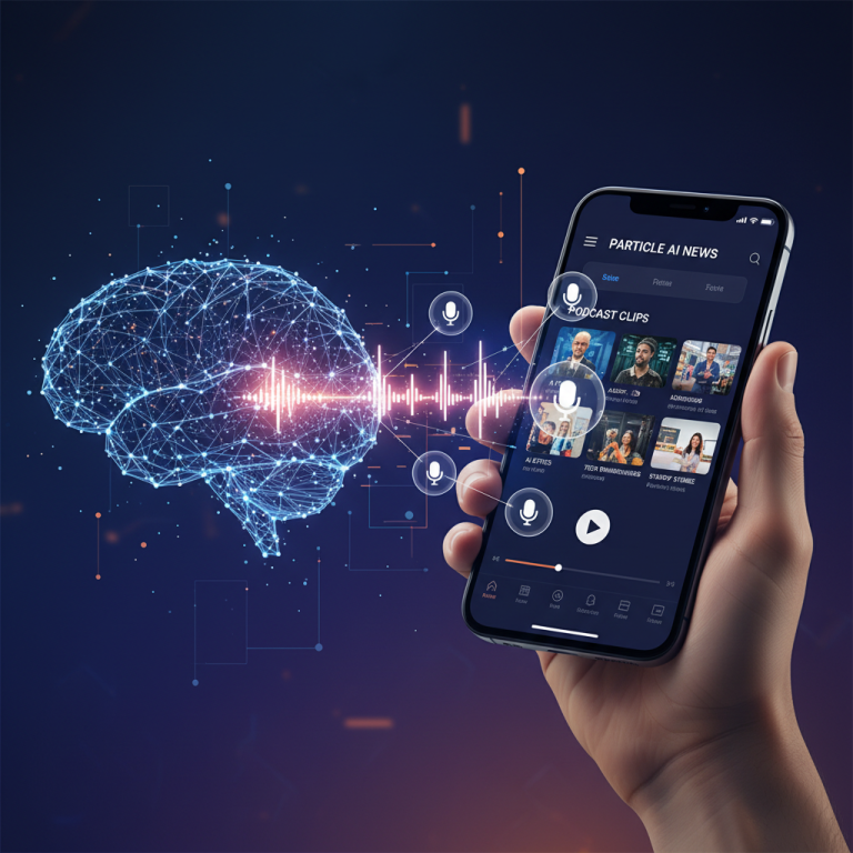 A hand holding a smartphone displaying the "Particle AI News" app with podcast clips, glowing brain, and sound waves.