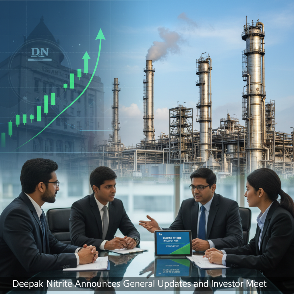 Professional image for Deepak Nitrite article, featuring an investor meeting, a factory, and market growth charts.