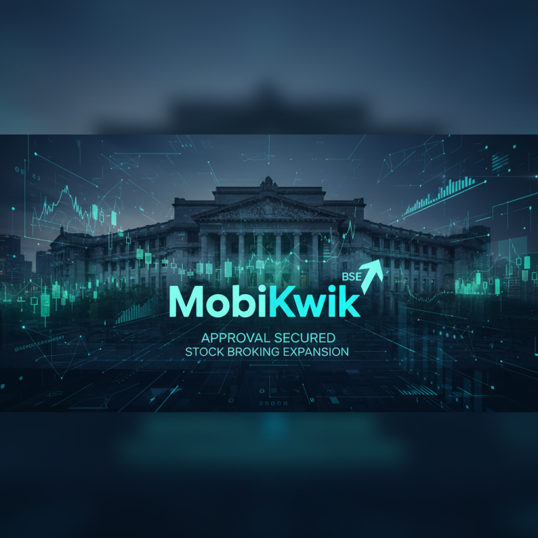 A professional digital image featuring the Bombay Stock Exchange building with futuristic financial graphics, showcasing MobiKwik's expansion.