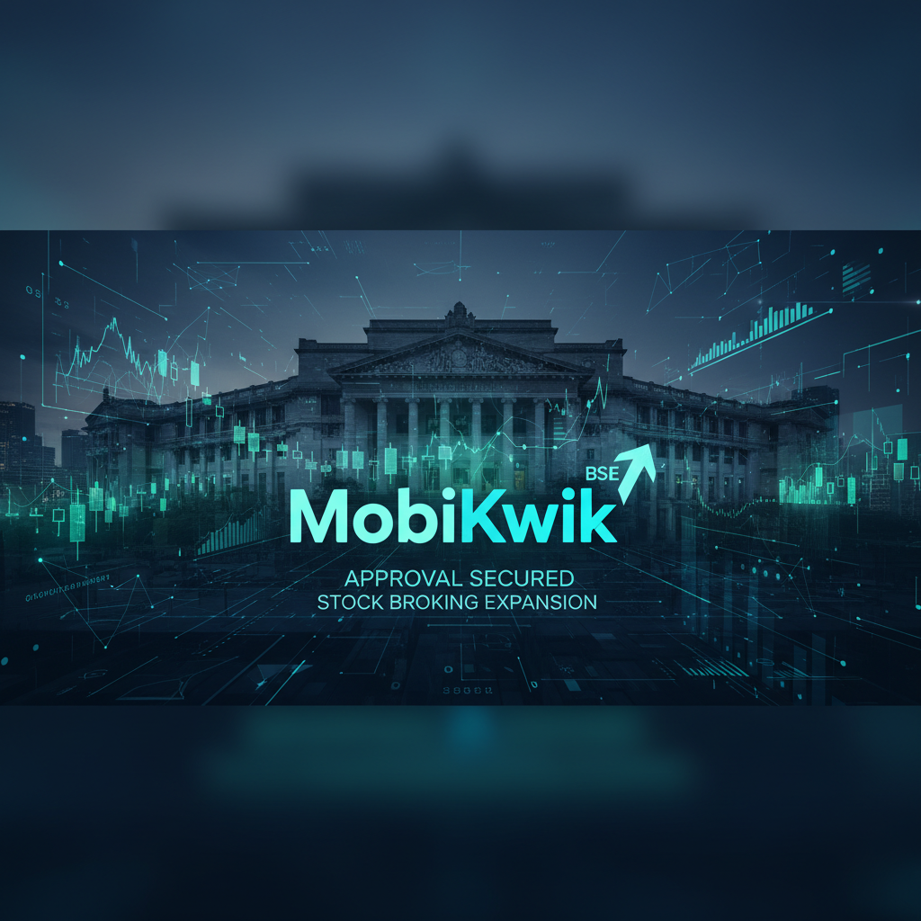 A professional digital image featuring the Bombay Stock Exchange building with futuristic financial graphics, showcasing MobiKwik's expansion.